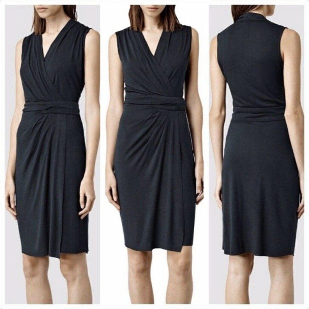 Allsaints petrol dark grey Novi v-neck wrap sleeveless drape mini dress